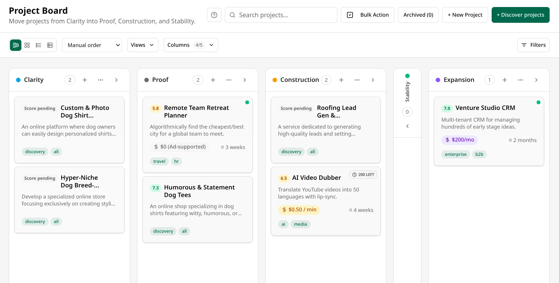 Foundaro Development module showing the project dashboard and execution workspace