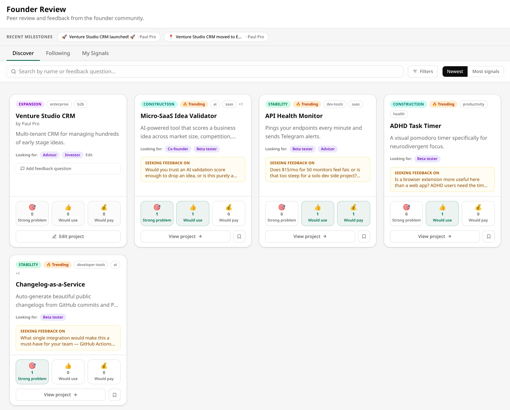 Foundaro founder review screen showing public project feedback and discovery signals