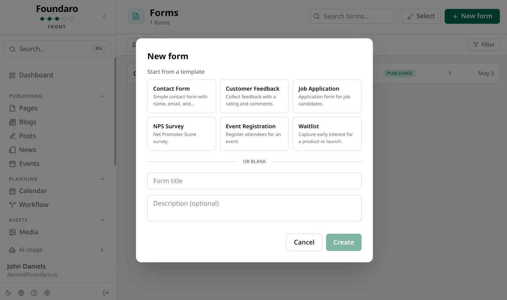 Foundaro Front form builder with fields, validation, and submission management