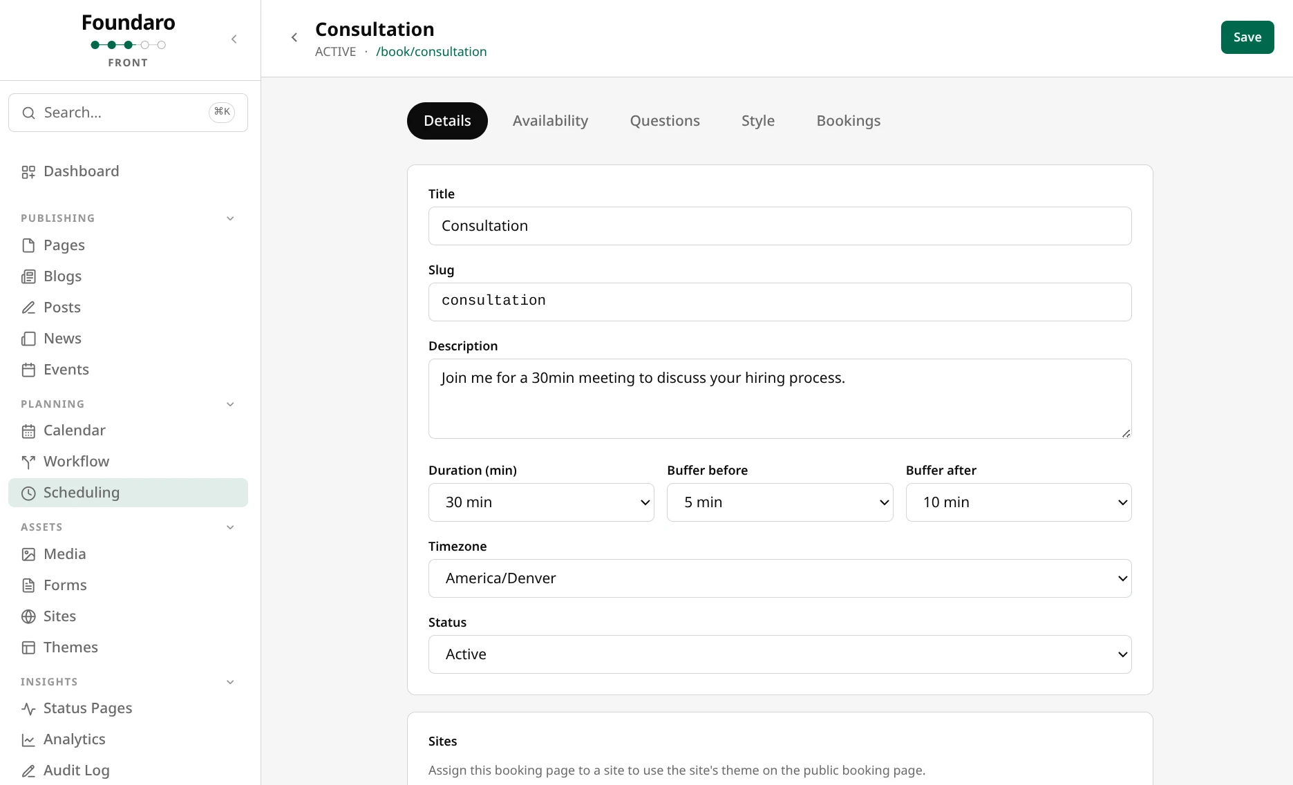 Foundaro Front scheduling with booking pages, availability, and confirmation emails