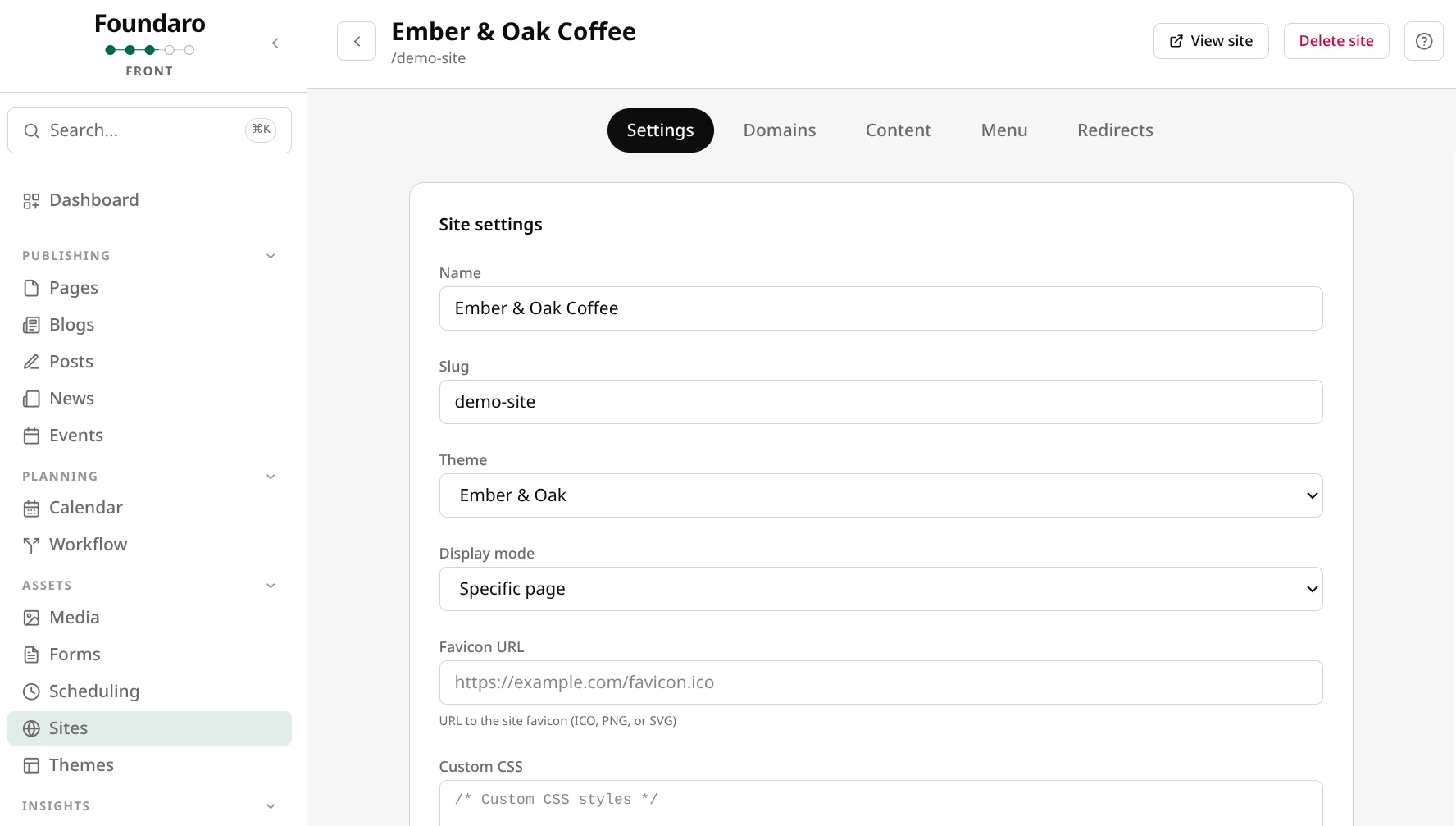 Foundaro Front site management with themes, domains, menus, and content assignment