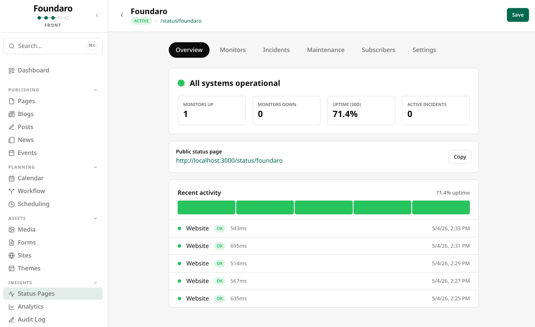 Foundaro Front status pages with uptime monitoring, incidents, and subscriber notifications