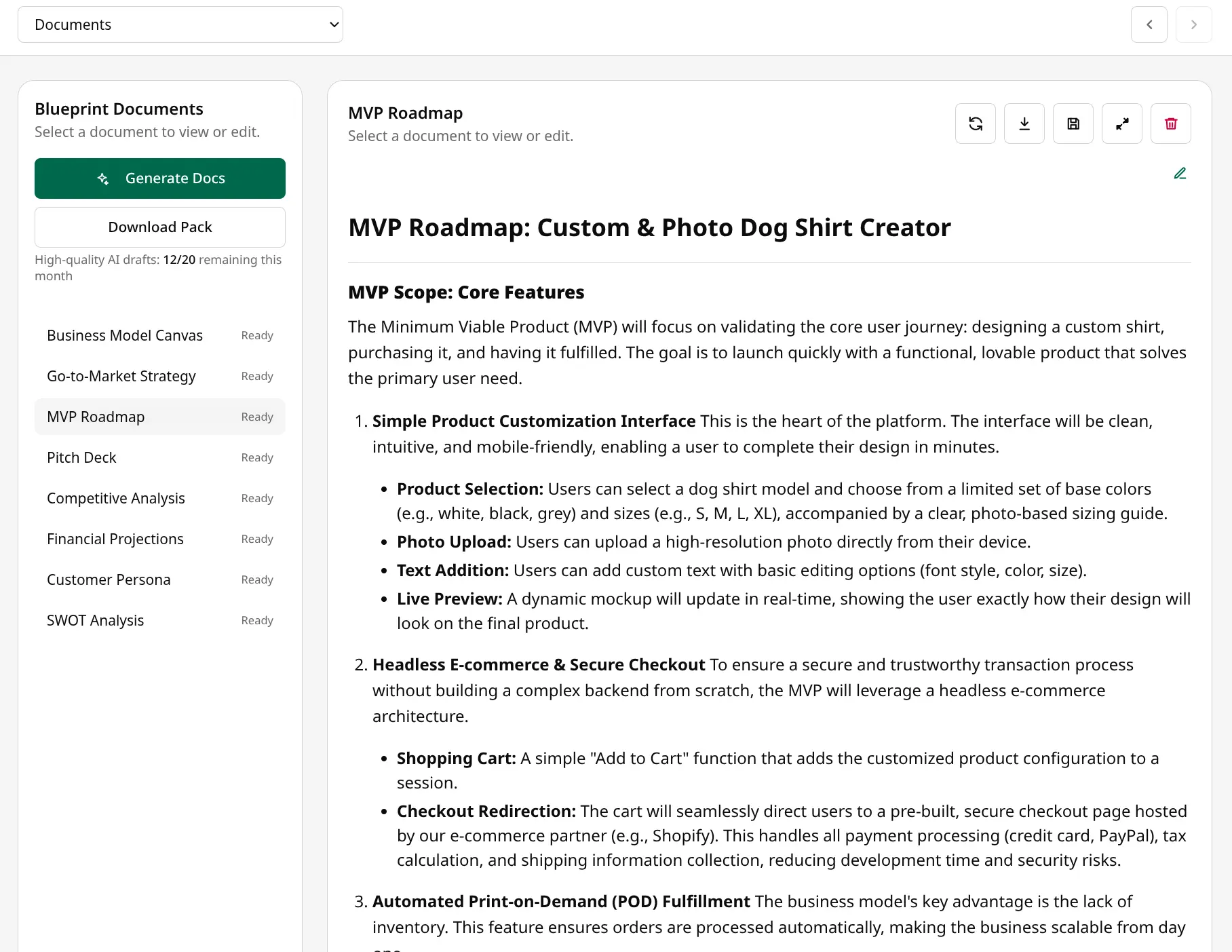 Foundaro step 3 generated outputs screen with editable operational documents